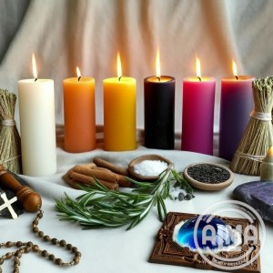 velones esotéricos con ojo de cristal, rosario y hierbas con logo para web